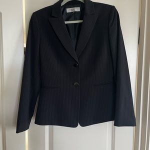 Navy and white pinstripe dress and blazer combo